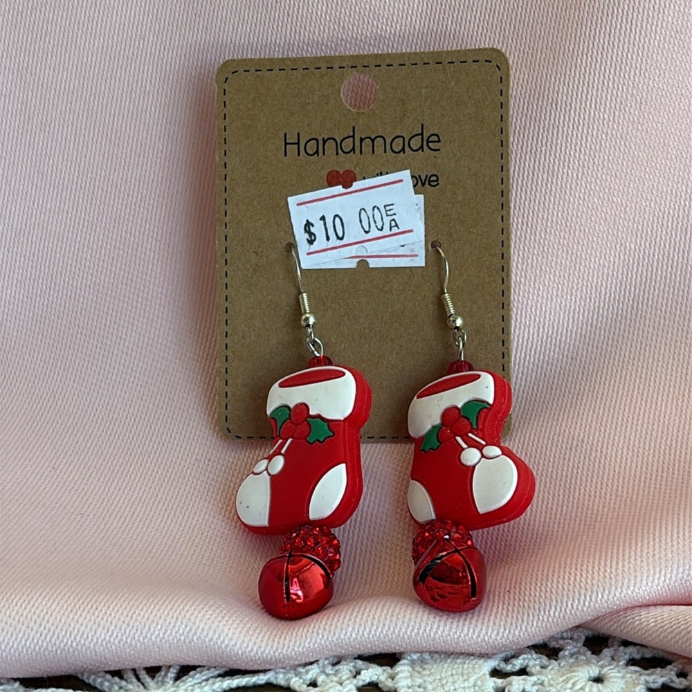 Handmade Christmas Stocking Rhinestone Bell Earrings - Picture 2 of 13